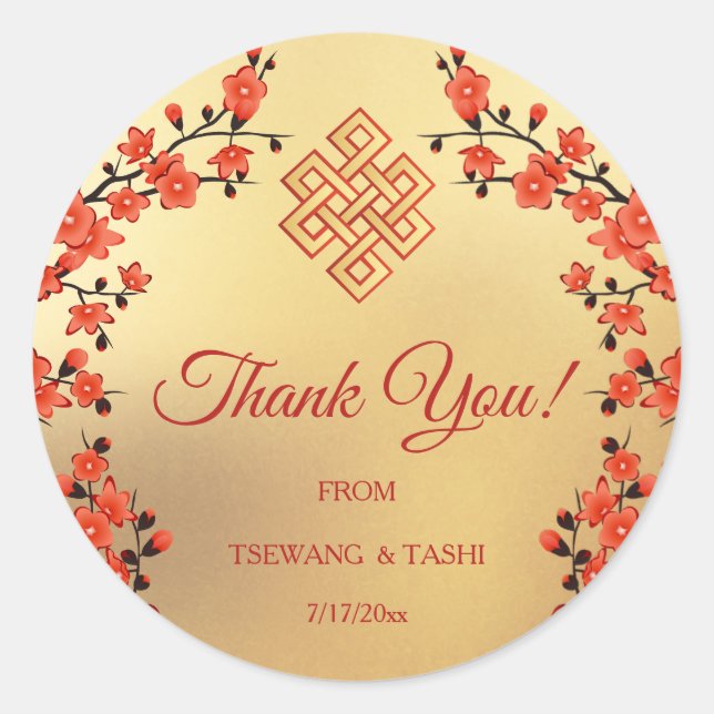 Red Cherry Blossom Gold Tibetan Wedding Thank You Classic Round Sticker (Front)
