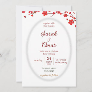 Red Cherry Blossom Oval Frame Wedding Invitation
