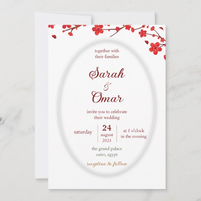 Red Cherry Blossom Oval Frame Wedding Invitation (Front)