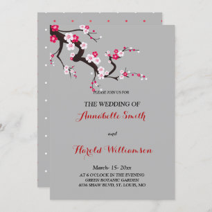 Red Cherry Blossom Pink White floral wedding card