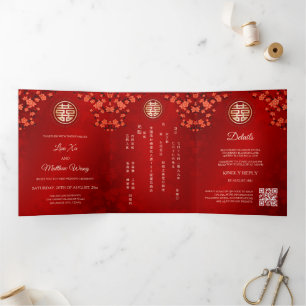 Red Cherry Blossom Red Chinese Wedding Tri-Fold Invitation