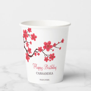 Red Cherry Blossom Sakura Floral Birthday Paper Cups