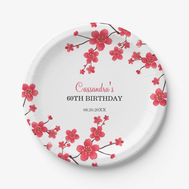 Red Cherry Blossom Sakura Rustic Floral Birthday Paper Plate (Front)