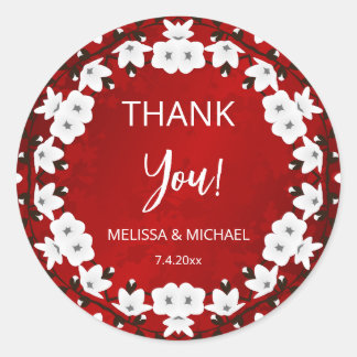 Red Cherry Blossom Thank You Wedding Favor Classic Round Sticker