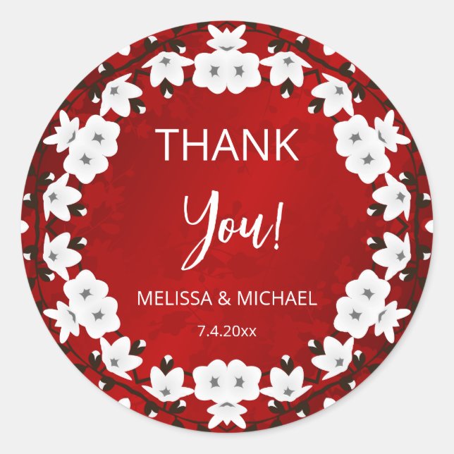 Red Cherry Blossom Thank You Wedding Favor   Classic Round Sticker (Front)