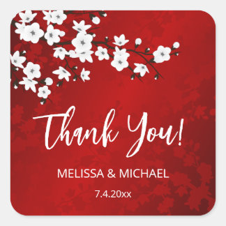 Red Cherry Blossom Thank You Wedding Favor Square Sticker