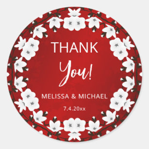 Red Cherry Blossom Thank You Wedding Favour Classic Round Sticker