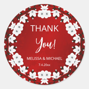 Red Cherry Blossom Thank You Wedding Favour   Classic Round Sticker