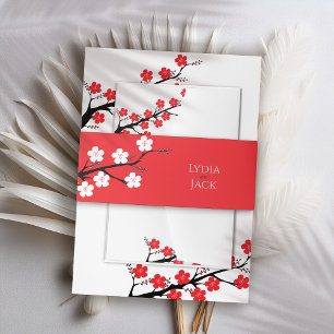 Red Cherry Blossom Themed Wedding Invitation Belly Band