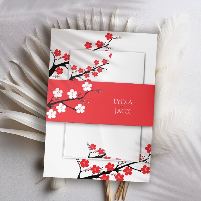 Red Cherry Blossom Themed Wedding Invitation Belly Band (Creator Uploaded)