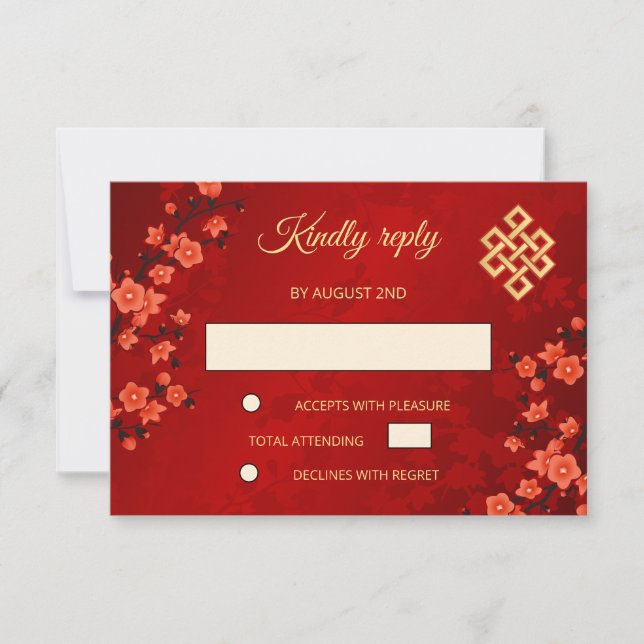 Red Cherry Blossom Tibetan Wedding RSVP Card (Front)