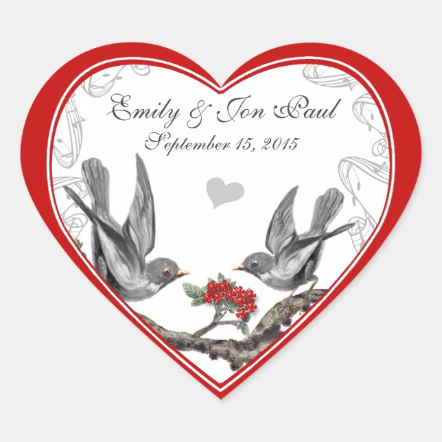 Red Cherry Blossom Vintage Birds Wedding Stickers (Front)
