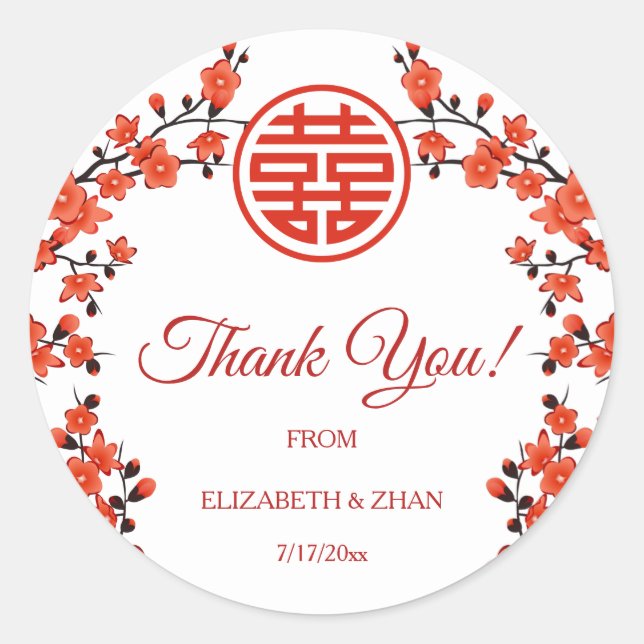 Red Cherry Blossom White Chinese Wedding Thank You Classic Round Sticker (Front)