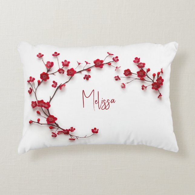 Red Cherry Blossoms Add Name Decorative Cushion (Front)