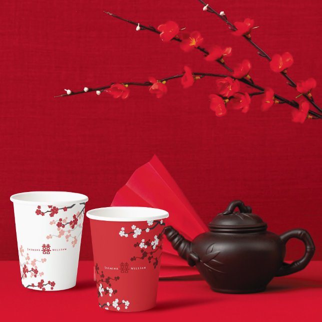 Red Cherry Blossoms And Double Xi Chinese Wedding  Paper Cups (Red/White Cherry Blossoms And Double Happiness Chinese Wedding Party Paper Cups @ fatfatin_red_knot)