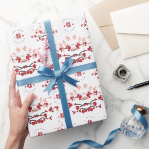 Red Cherry Blossoms And Double Xi Chinese Wedding Wrapping Paper