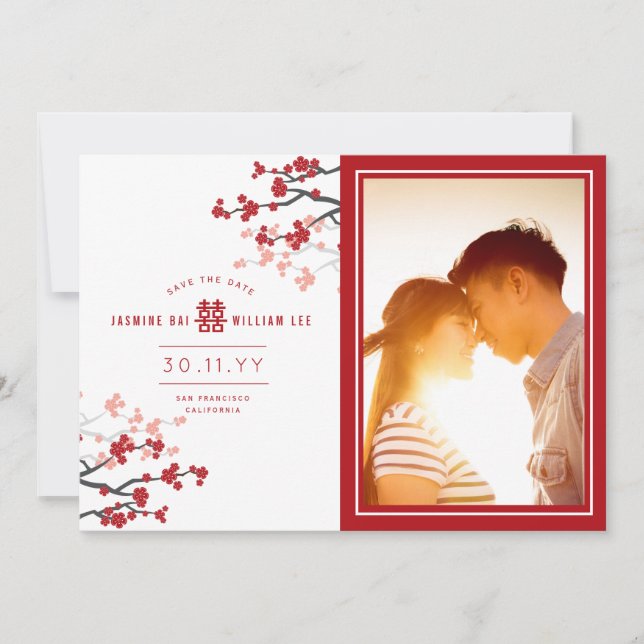 Red Cherry Blossoms Chinese Double Happiness Photo Save The Date (Front)