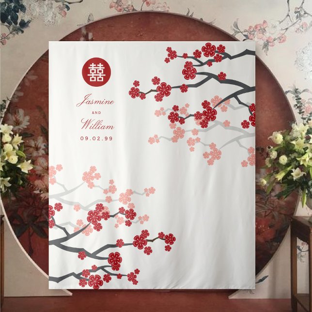 Red Cherry Blossoms Chinese Wedding Photo Backdrop Tapestry (White/Red Cherry Blossoms Double Happiness, Chinese Wedding Backdrop Tapestry @ fatfatin_red_knot)