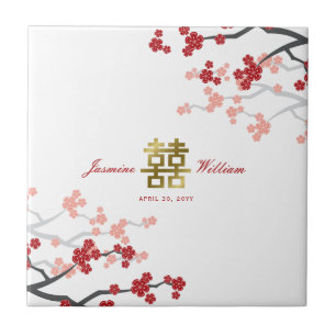 Red Cherry Blossoms Elegant Chinese Wedding Favour Tile
