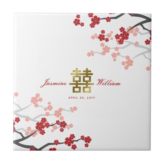 Red Cherry Blossoms Elegant Chinese Wedding Favour Tile (Front)