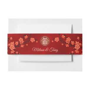 Red Cherry Blossoms Gold Chinese Wedding Custom Invitation Belly Band