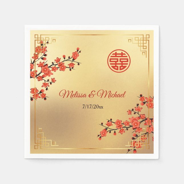   Red Cherry Blossoms Gold Chinese Wedding Custom Napkin (Front)