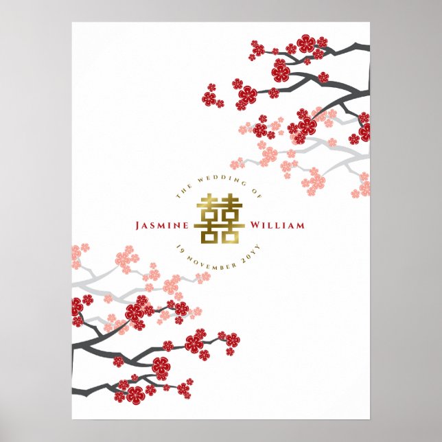 Red Cherry Blossoms Gold Double Happiness Poster (Front)