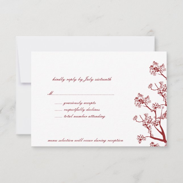 Red Cherry Blossoms Oriental Wedding RSVP Cards (Front)