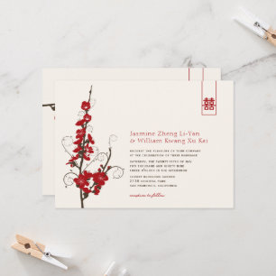 Red Cherry Blossoms Sakura Swirls Asian Wedding Invitation