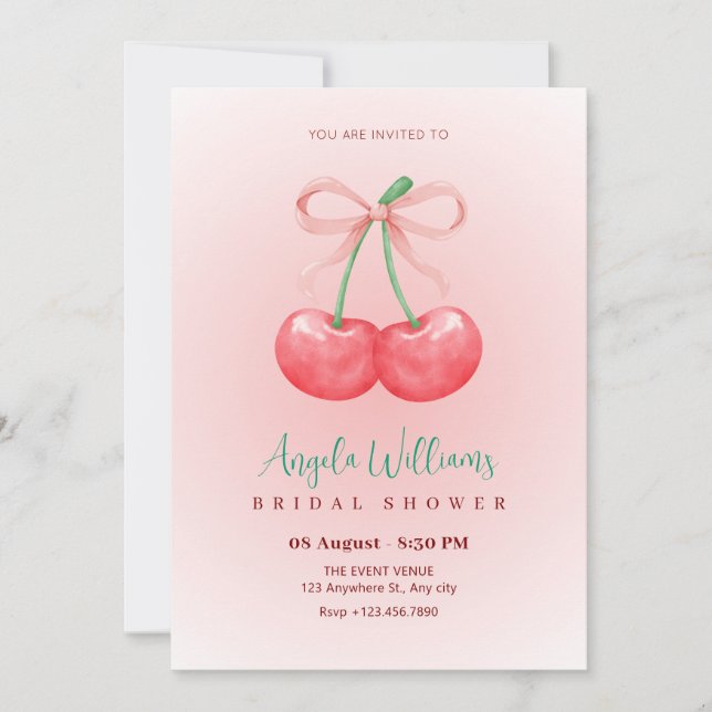 Red cherry bow bridal shower invitation (Front)