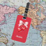 Red cherry bow pink name luggage tag<br><div class="desc">Red cherries with pink bow. Red background. Personalise and add your name. White text. 

Back: add your contact information</div>