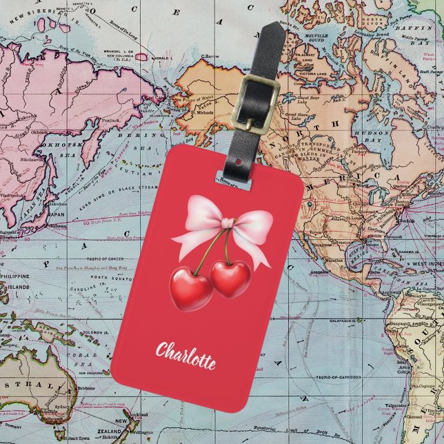 Red cherry bow pink name luggage tag (Creator Uploaded)
