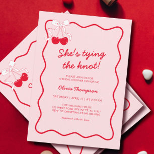 Red Cherry Bow Tying the Knot Bridal Shower Invitation