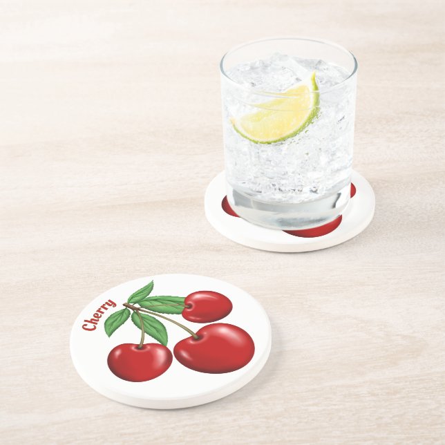 Red Cherry Cherries Design Personalised Coaster (Side)