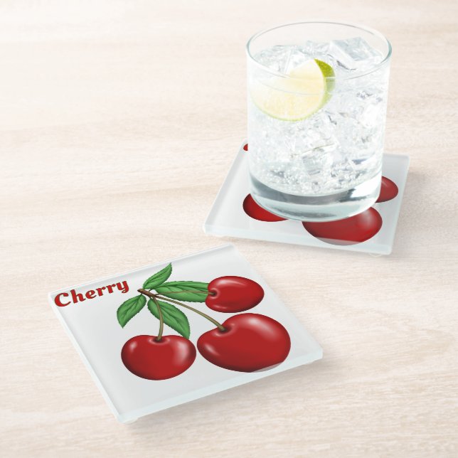 Red Cherry Cherries Design Personalised Glass Coaster (Angled)