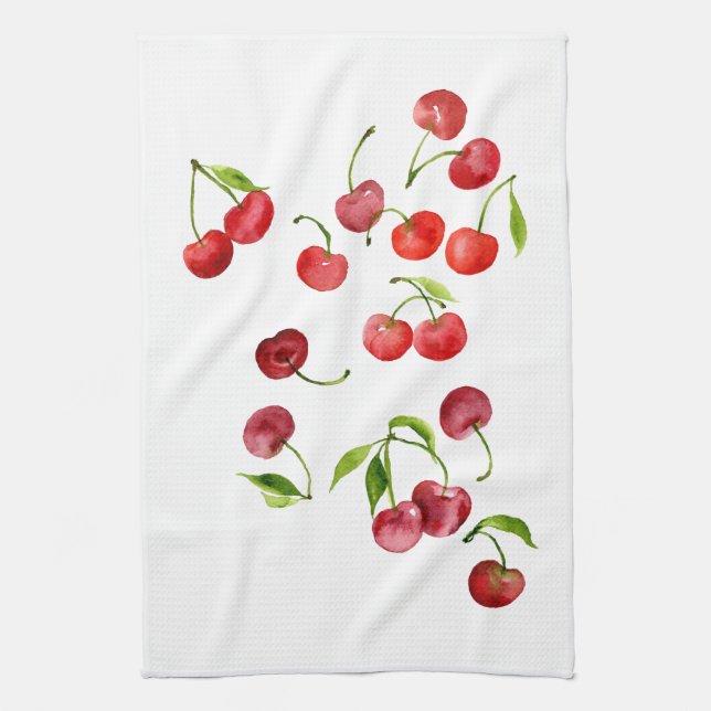 Red cherry cherries watercolor tea towel (Vertical)