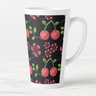 Red Cherry Floral Pattern Latte Mug