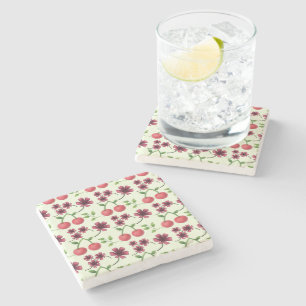 Red Cherry Floral Pattern Stone Coaster