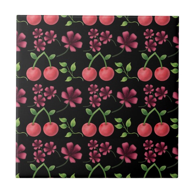 Red Cherry Floral Pattern  Tile (Front)