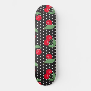 Red Cherry Fruit Green Leaves Black White Dots Skateboard