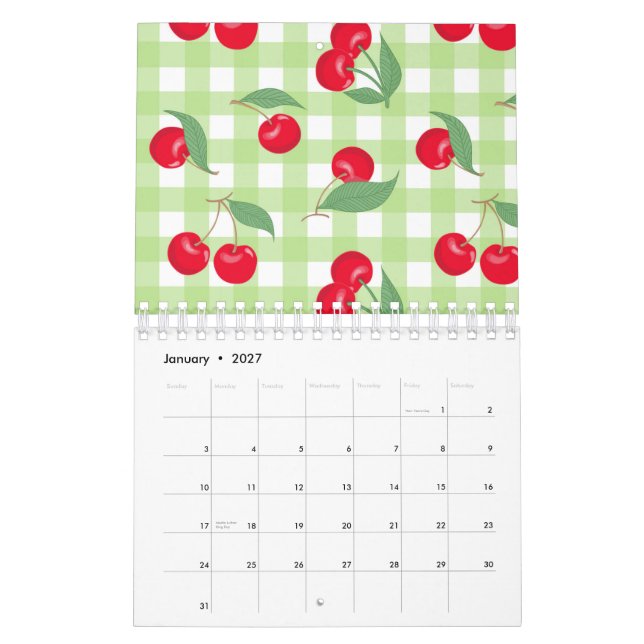 Red Cherry Fruit Green Leaves Pastel Lumberjack Calendar (Jan 2027)