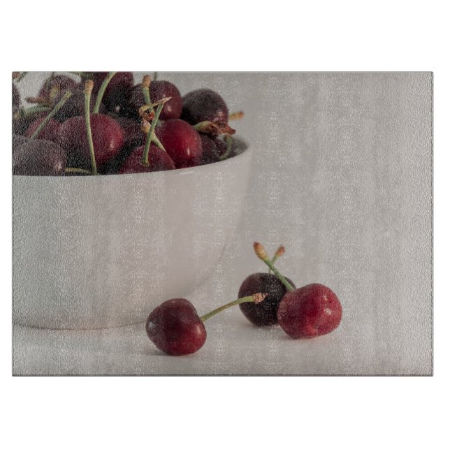 Red Cherry Fruits White Bowl In Muted Tones Photo Cutting Board (Front)