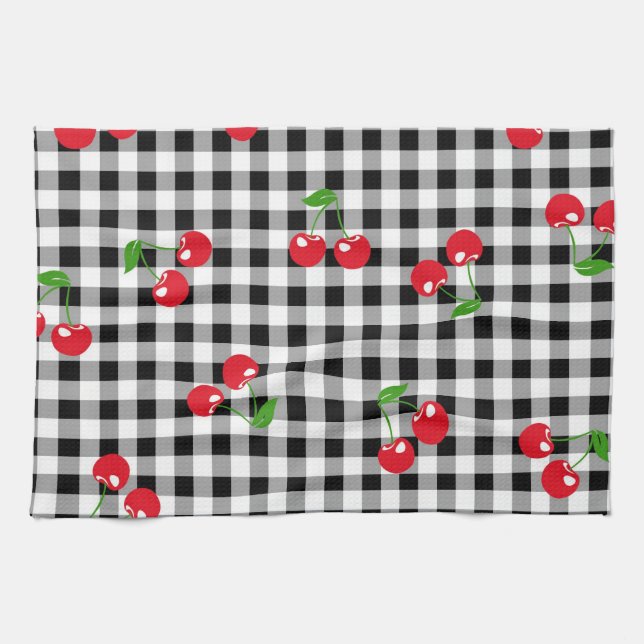 Red Cherry Gingham Black & White Buffalo Plaid  Tea Towel (Horizontal)