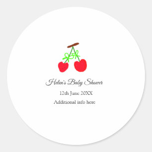 red Cherry green bow add name date baby shower Classic Round Sticker