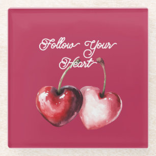 Red Cherry Hearts Glass Coaster