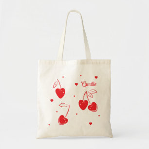 Red Cherry Hearts Whimsical Cute Shape Name Tote Bag