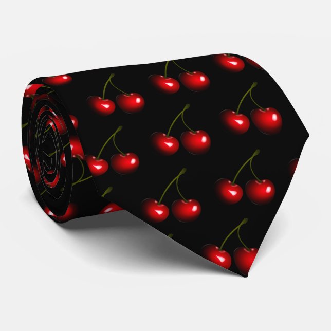 Red Cherry Neck Tie Black - Your Colours (Rolled)