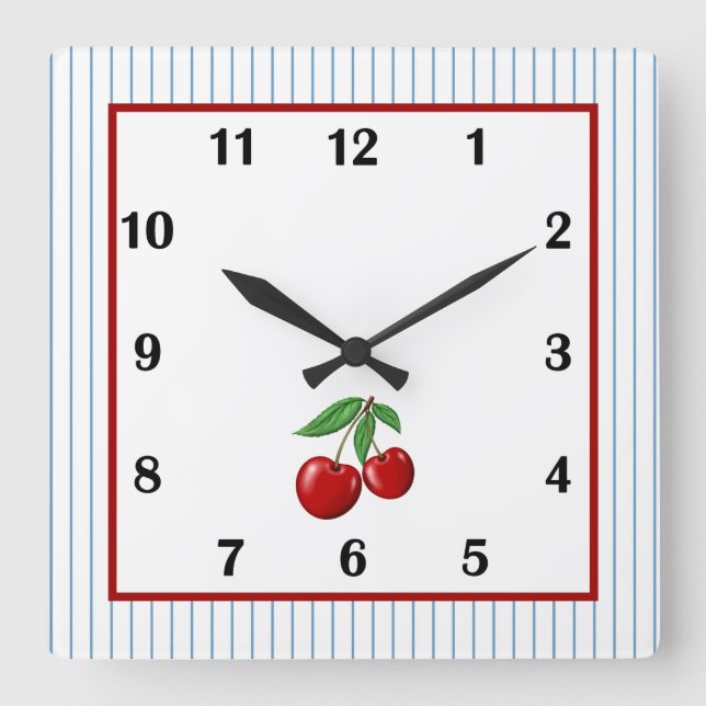 Red Cherry on Blue Stripes Square Wall Clock (Front)