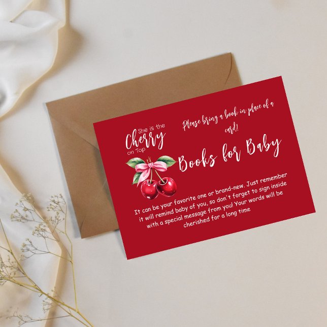 Red Cherry on Top Bow Baby Shower Book Request Enclosure Card (Creator Uploaded)