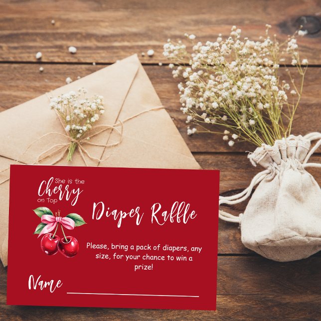 Red Cherry on Top Bow Baby Shower Diaper Raffle Enclosure Card (Creator Uploaded)